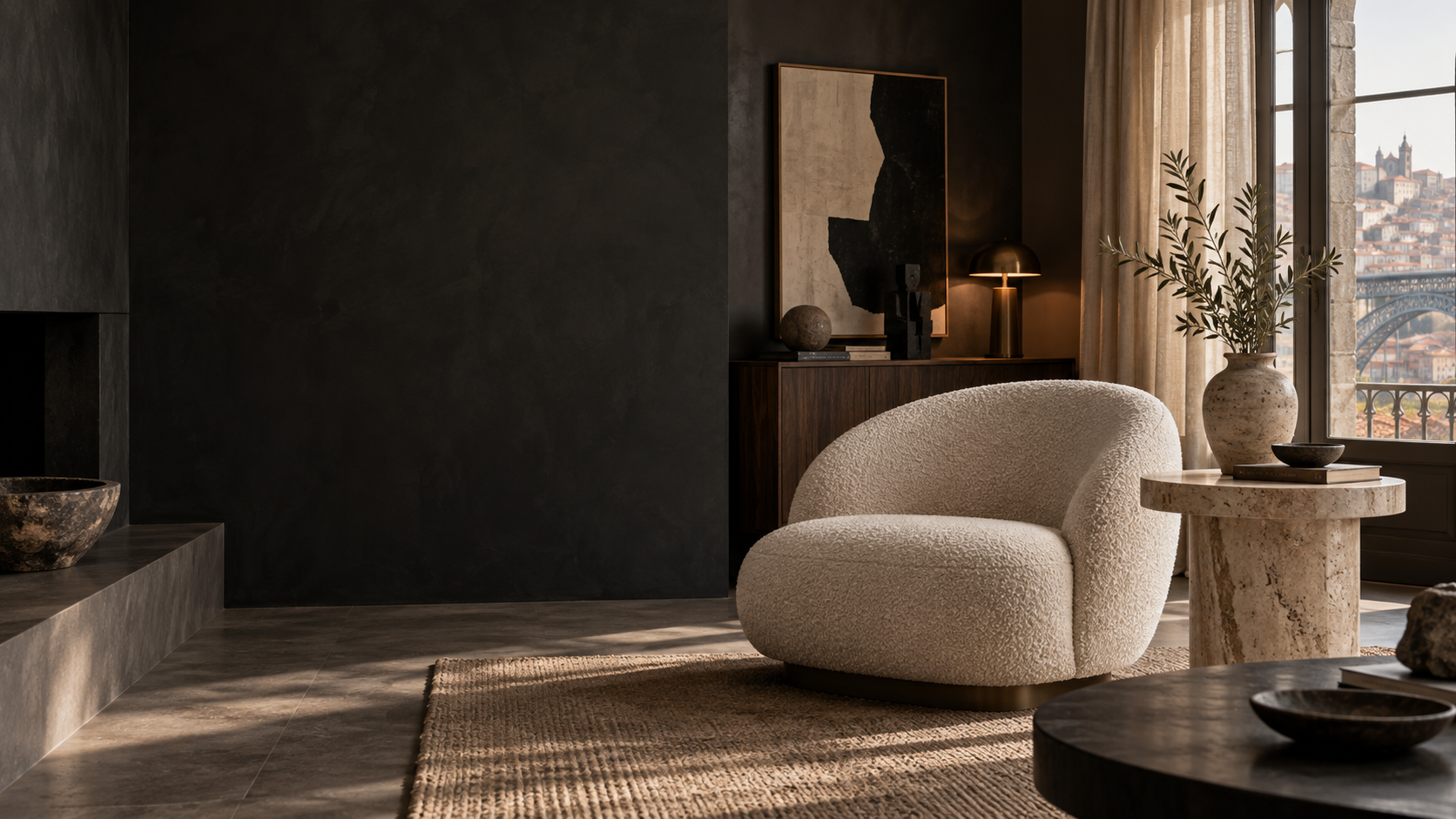 Sala contemporânea com peças de decoração em tons naturais